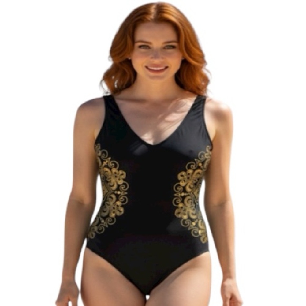 CUPSHE Foil Blink swimsuit, One Piece,Sz M, Gold metallic foil embellishment,NWT - Picture 1 of 16
